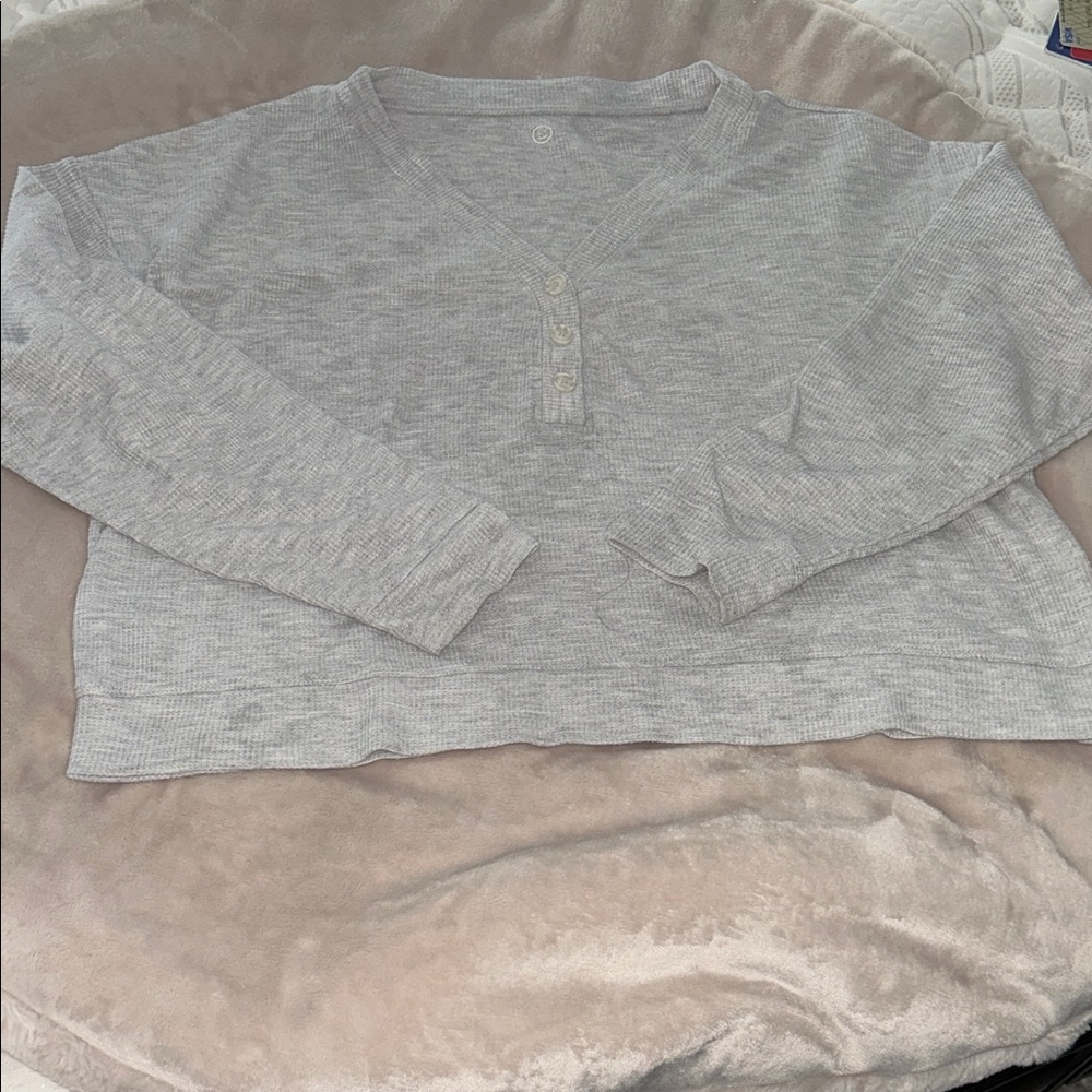 Hollister Light Gray Ribbed Henley Long Sleeve Top